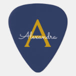 Navy Blue Gold Moderne Script Girl Monogram Name Plektrum<br><div class="desc">Navy Blue und Gold Name Plektrum. Das macht den perfekten 16 Geburtstag,  Hochzeit,  Brautparty,  Jubiläum,  Babydusche oder Junggeselinnen-Abschied Geschenk für jemanden,  der Lieben glamourösen Luxus und schicke Stile.</div>