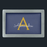 Navy Blue Gold Moderne Script Girl Monogram Name Rechteckige Gürtelschnalle<br><div class="desc">Navy Blau und Gold einfache Script Monogram Name Gelt Buckle. Das macht den perfekten Abschluss,  süß 16 16.,  18.,  21.,  30.,  40.,  50.,  60.,  70.,  80.,  90.,  100. Geburtstag,  Hochzeit,  Brautparty,  Jubiläum,  Babydusche oder Junggeselinnen-Abschied Geschenk für jemanden,  der Luxus und Chic Stil Lieben glänze.</div>