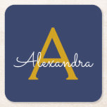 Navy Blue Gold Moderne Script Girl Monogram Name Rechteckiger Pappuntersetzer<br><div class="desc">Navy Blue und Gold Simple Script Monogram Name Paper Untersetzer. Dies macht den perfekten Abschluss,  Geburtstag,  Hochzeit,  Brautparty,  Jubiläum,  Babydusche oder Junggeselinnen-Abschied Geschenk für jemanden,  die Lieben glamourösen Luxus und schicke Stile.</div>