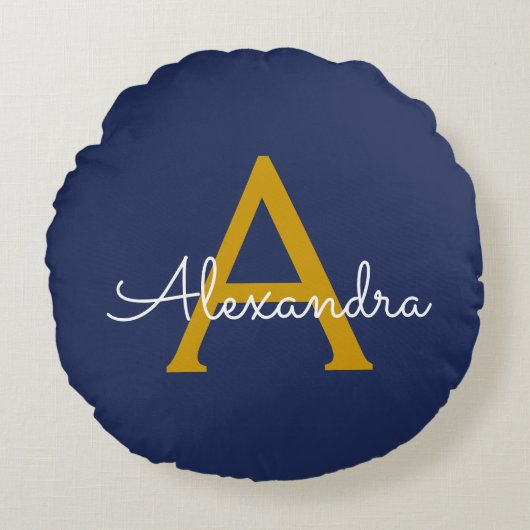 Navy Blue Gold Moderne Script Girl Monogram Name Rundes Kissen (Vorderseite)
