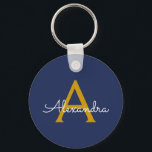 Navy Blue Gold Moderne Script Girl Monogram Name Schlüsselanhänger<br><div class="desc">Navy Blue und Gold Simple Script Monogram Name Keychains (Key Chain). Das macht den perfekten 16 Geburtstag,  Hochzeit,  Brautparty,  Jubiläum,  Babydusche oder Junggeselinnen-Abschied Geschenk für jemanden,  der Lieben glamourösen Luxus und schicke Stile.</div>