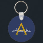 Navy Blue Gold Moderne Script Girl Monogram Name Schlüsselanhänger<br><div class="desc">Navy Blue und Gold Simple Script Monogram Name Keychains (Key Chain). Das macht den perfekten 16 Geburtstag,  Hochzeit,  Brautparty,  Jubiläum,  Babydusche oder Junggeselinnen-Abschied Geschenk für jemanden,  der Lieben glamourösen Luxus und schicke Stile.</div>