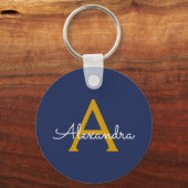Navy Blue Gold Moderne Script Girl Monogram Name Schlüsselanhänger (Vorderseite)