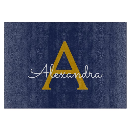 Navy Blue Gold Moderne Script Girl Monogram Name Schneidebrett (Vorderseite)