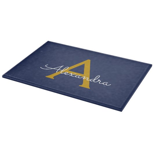 Navy Blue Gold Moderne Script Girl Monogram Name Schneidebrett (Ecke)