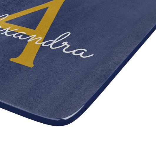 Navy Blue Gold Moderne Script Girl Monogram Name Schneidebrett (Ecke)