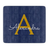 Navy Blue Gold Moderne Script Girl Monogram Name Schneidebrett (Vorderseite)