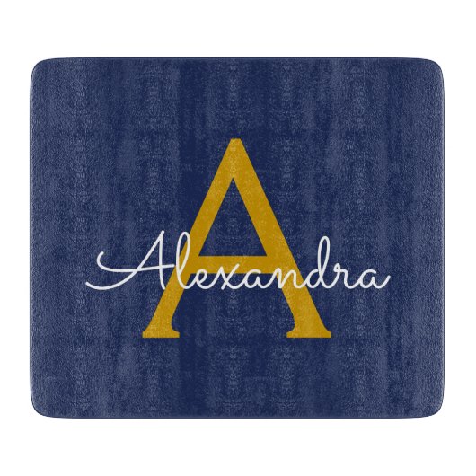 Navy Blue Gold Moderne Script Girl Monogram Name Schneidebrett (Vorderseite)
