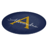 Navy Blue Gold Moderne Script Girl Monogram Name Schneidebrett (Ecke)