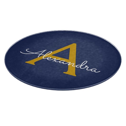 Navy Blue Gold Moderne Script Girl Monogram Name Schneidebrett (Ecke)