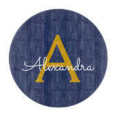 Navy Blue Gold Moderne Script Girl Monogram Name Schneidebrett (Vorderseite)