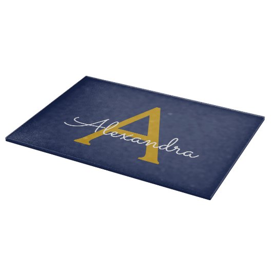 Navy Blue Gold Moderne Script Girl Monogram Name Schneidebrett (Ecke)