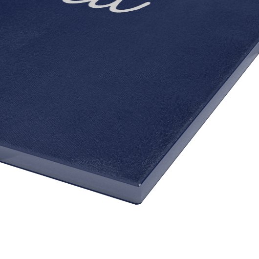 Navy Blue Gold Moderne Script Girl Monogram Name Schneidebrett (Ecke)