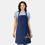 Navy Blue Gold Moderne Script Girl Monogram Name Schürze (Getragen)