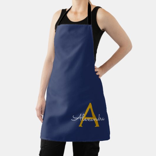Navy Blue Gold Moderne Script Girl Monogram Name Schürze (InSitu)