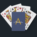 Navy Blue Gold Moderne Script Girl Monogram Name Spielkarten<br><div class="desc">Navy Blue und Gold einfache Script Monogram Name Playing Cards. Das macht den perfekten 16 Geburtstag,  Hochzeit,  Brautparty,  Jubiläum,  Babydusche oder Junggeselinnen-Abschied Geschenk für jemanden,  der Lieben glamourösen Luxus und schicke Stile.</div>