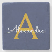 Navy Blue Gold Moderne Script Girl Monogram Name Steinuntersetzer (Vorderseite)