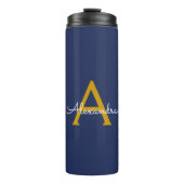 Navy Blue Gold Moderne Script Girl Monogram Name Thermosbecher (Vorderseite)
