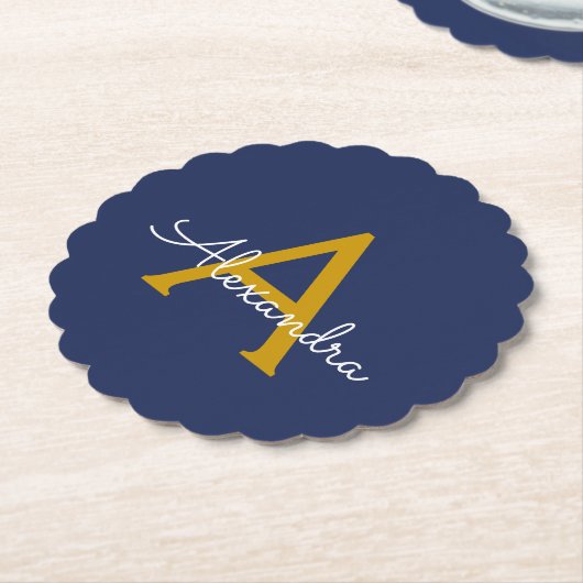 Navy Blue Gold Moderne Script Girl Monogram Name Untersetzer (angewinkelt)