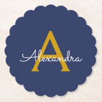 Navy Blue Gold Moderne Script Girl Monogram Name