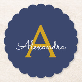 Navy Blue Gold Moderne Script Girl Monogram Name Untersetzer