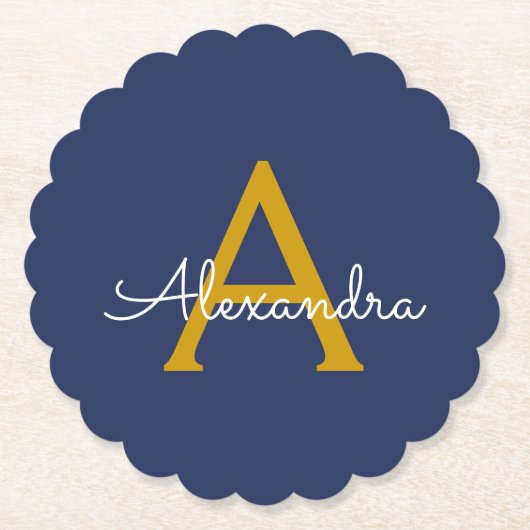 Navy Blue Gold Moderne Script Girl Monogram Name Untersetzer (Vorderseite)
