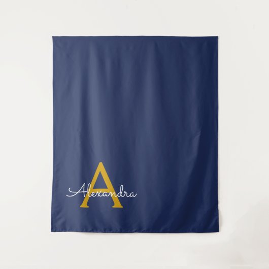 Navy Blue Gold Moderne Script Girl Monogram Name Wandteppich (Vorderseite)