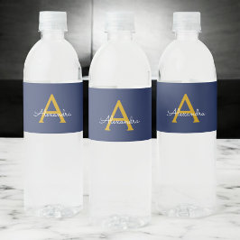 Navy Blue Gold Moderne Script Girl Monogram Name Wasserflaschenetikett