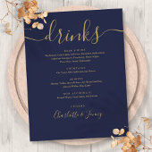 Navy Blue Gold Moderne Skript Wedding Drinks Menü