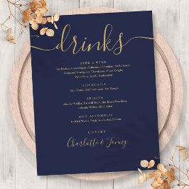 Navy Blue Gold Moderne Skript Wedding Drinks Menü