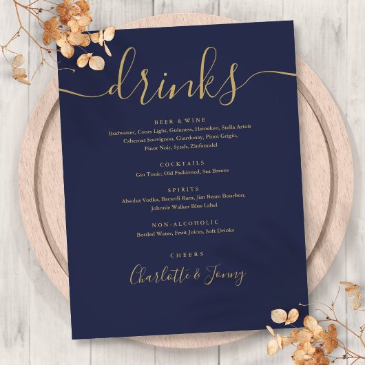 Navy Blue Gold Moderne Skript Wedding Drinks Menü