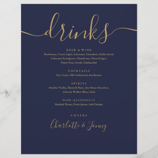 Navy Blue Gold Moderne Skript Wedding Drinks Menü (Vorne)
