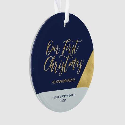 Navy, Blue & Gold Modernes Erstes Weihnachtsfest F Ornament (Vorderseite)