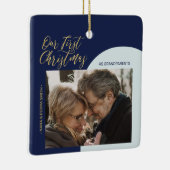 Navy, Blue & Gold Modernes First Christmas Foto Ce Keramikornament (Rechts)