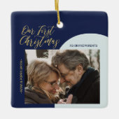 Navy, Blue & Gold Modernes First Christmas Foto Ce Keramikornament (Vorderseite)