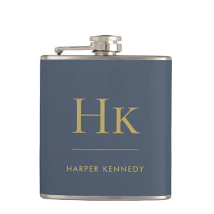 Navy Blue Gold Monogram Elegant Personalisiert Flachmann