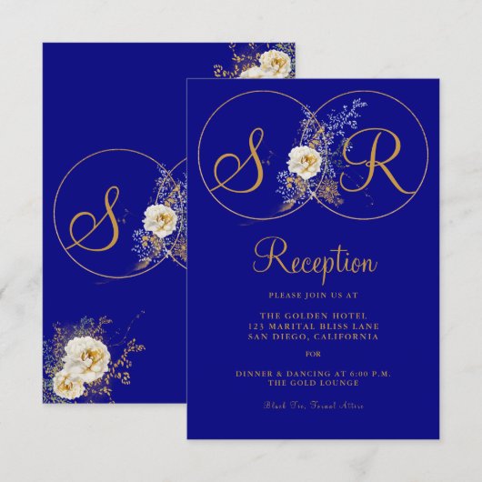 Navy Blue Gold Monogram Empfang Card Einladung (Vorne/Hinten)