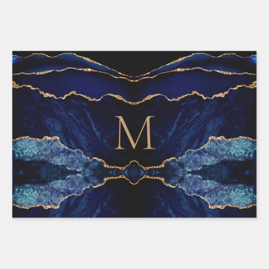 Navy Blue Gold Monogram, Ihre Wrapping Paper Sheet Geschenkpapier Set (Vorderseite 3)