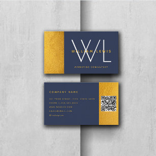 Navy Blue Gold Monogram Modern Minimalistisch QR C Visitenkarte