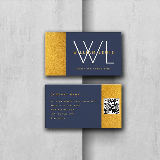 Navy Blue Gold Monogram Modern Minimalistisch QR C Visitenkarte