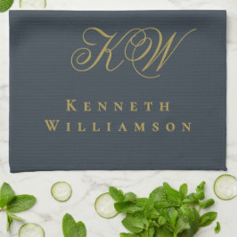 Navy Blue Gold Monogram Name Minimalist Chic Men  Geschirrtuch
