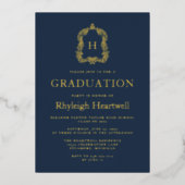 Navy Blue Gold Monogram Wappen Graduation Party Folieneinladung (Vorderseite)