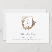 Navy Blue Gold Monogram Wappen Wedding Save The Date (Vorderseite)