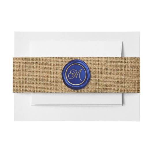 Navy Blue & Gold Monogram Wax Siegel Rustic Burlap Einladungsbanderole (Vorderseite Beispiel)