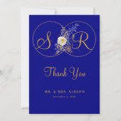 Navy Blue Gold Monogram Wedding Dankeschön Card (Vorderseite)