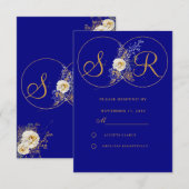 Navy Blue Gold Monogram Wedding RSVP Card (Vorne/Hinten)