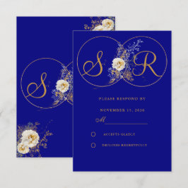 Navy Blue Gold Monogram Wedding RSVP Card Karte