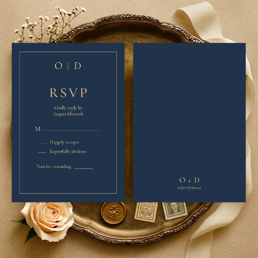 Navy Blue Gold Monogram Wedding RSVP Karte