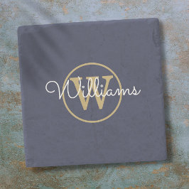 Navy-Blue-Gold-Monogramm-Schriftname Steinuntersetzer