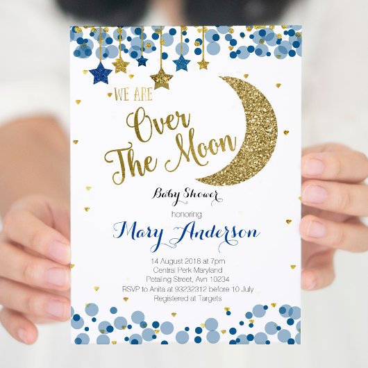 Navy Blue Gold Moon Baby Shower Einladung